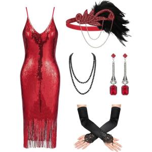 imageYESSA Flapper Dresses 1920s Gatsby Dresses for Women Roaring 20s Costumes Great Gatsby Outfits with 20s Accessories SetRed