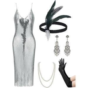 imageYESSA Flapper Dresses 1920s Gatsby Dresses for Women Roaring 20s Costumes Great Gatsby Outfits with 20s Accessories SetSilver