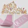 imageSWEETV Birthday Crowns for Women Gold Pink Birthday Queen Sash and Tiara Set Rhinestone Princess Headband for Birth Day Party Photograph