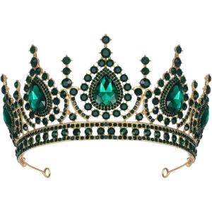 imageSWEETV Baroque Queen Crown Crystal Tiaras and Crowns for Women Halloween Costume Hair Accessories for Photo Shoot Prom Birthday PartyGreen