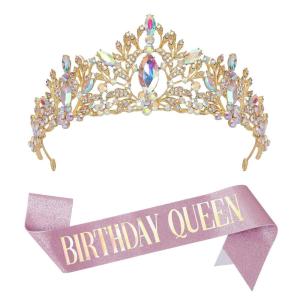 imageSWEETV Birthday Crowns for Women Gold Pink Birthday Queen Sash and Tiara Set Rhinestone Princess Headband for Birth Day Party Photograph