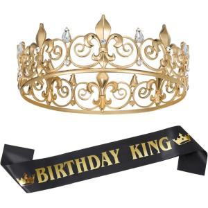 imageSWEETV Birthday King Crown and Sash Royal Gold King Crown for Men Party Decoration Prom Birthday Gifts for Men King Pageant Crown GoldGold Clear