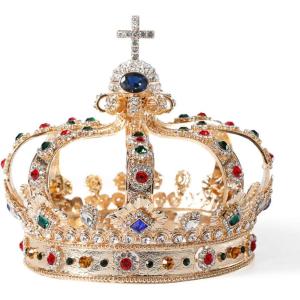 imageSWEETV Gold Queen Crown for Women Vintage Wedding Crown with Cross Decor Costume Party Accessories for Brithday Halloween
