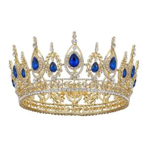 imageSWEETV Royal Queen Crown Wedding Tiara for Bride Aurora Borealis Rhinestone Tiaras and Crowns for Women Costume Headpiece for Birthday Cosplay Party CelebrationMulticoloredGold1Royal Blue