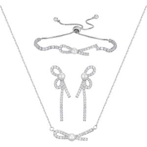 imageSWEETV Pearl Bridal Jewelry Set for Wedding Bow Necklace and Earring Sets for Women Bridal Bridesmaid Cubic Zirconia Silver Jewelry Set Wedding Prom Anniversary Jewelry GiftsSilver 01