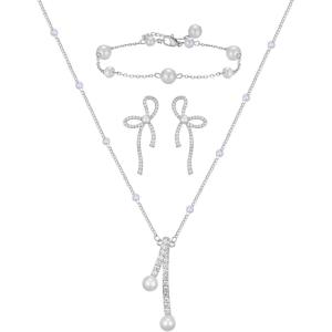 imageSWEETV Pearl Bridal Jewelry Set for Wedding Bow Necklace and Earring Sets for Women Bridal Bridesmaid Cubic Zirconia Silver Jewelry Set Wedding Prom Anniversary Jewelry GiftsSilver 03