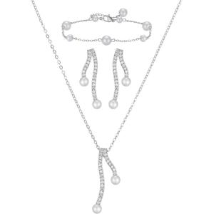 imageSWEETV Pearl Bridal Jewelry Set for Wedding Bow Necklace and Earring Sets for Women Bridal Bridesmaid Cubic Zirconia Silver Jewelry Set Wedding Prom Anniversary Jewelry GiftsSilver 02