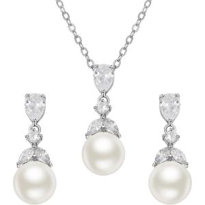 imageSWEETV Pearl Wedding Jewelry Set For Brides Cubic Zirconia Wedding Necklace and Earrings Set Elegant Bridal Jewelry Set for Women Bridesmaids PromSilver