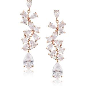 imageSWEETV Wedding Earrings for Brides Cubic Zirconia Teardrop Dangle Bridal Earrings for Wedding Bridesmaid Prom Earrings for WomenRose Gold