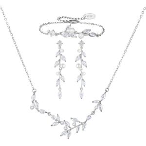 imageSWEETV Wedding Jewelry Sets For Women Marquise Cubic Zirconia Pearl Bridal Jewelry Set for Brides Bridesmaids Vine Leaf Necklace Dangle Earrings SetsSilver