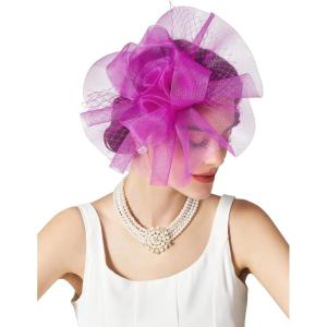 imageSWEETV Flower Fascinators Tea Party Hats for Women Formal Headwear for Kentucky Derby Cocktail Wedding Fancy Dress PartyRose Red