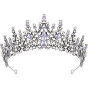 imageSWEETV Crystal Wedding Tiara for Women Royal Queen Crown Headband Rhinestone Princess Hair Accessories for Prom Birthday7purple Iridescent  Antique Silver