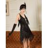imageSWEETV Womens 1920s Flapper DressV Neck Great Gatsby Fringe Cocktail Dress with 20s Accessories SetRoaring 20s CostumeBlack