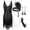 imageSWEETV Womens 1920s Flapper DressV Neck Great Gatsby Fringe Cocktail Dress with 20s Accessories SetRoaring 20s CostumeBlack