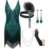 imageSWEETV Womens 1920s Flapper DressV Neck Great Gatsby Fringe Cocktail Dress with 20s Accessories SetRoaring 20s CostumeGreen
