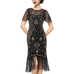 imageSWEETV Flapper Dresses 1920s Dresses for WomenCrew Neck Great Gatsby Dresses with Sleeve Roaring 20s Dress for Harlem NightsBlackgold