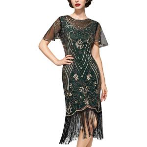 imageSWEETV Flapper Dresses 1920s Dresses for WomenCrew Neck Great Gatsby Dresses with Sleeve Roaring 20s Dress for Harlem NightsGreen