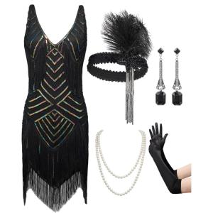 imageSWEETV Womens 1920s Flapper DressV Neck Great Gatsby Fringe Cocktail Dress with 20s Accessories SetRoaring 20s CostumeBlack