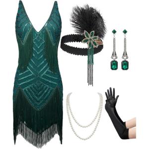 imageSWEETV Womens 1920s Flapper DressV Neck Great Gatsby Fringe Cocktail Dress with 20s Accessories SetRoaring 20s CostumeGreen
