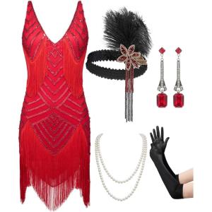 imageSWEETV Womens 1920s Flapper DressV Neck Great Gatsby Fringe Cocktail Dress with 20s Accessories SetRoaring 20s CostumeRed