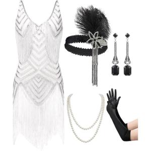 imageSWEETV Womens 1920s Flapper DressV Neck Great Gatsby Fringe Cocktail Dress with 20s Accessories SetRoaring 20s CostumeWhite
