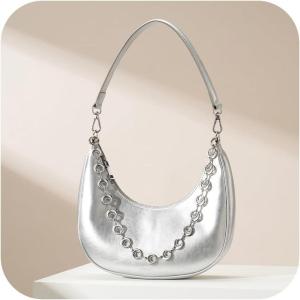 imageCrescent Shoulder Bag for Women Underarm PU Leather Hobo Purses TrendyWomens Daily Clutch Purse Handbags 2 StrapsSilver