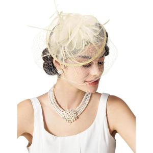 imageSWEETV Fascinators Hats for Women Tulle Flower Tea Party Hats for Kentucky Derby Cocktail Wedding Fancy PartyBeige