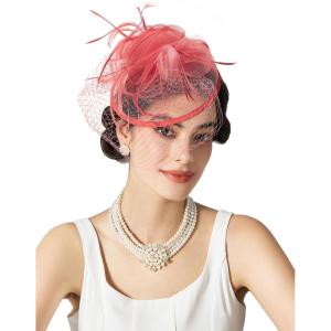 imageSWEETV Fascinators Hats for Women Tulle Flower Tea Party Hats for Kentucky Derby Cocktail Wedding Fancy PartyCoral
