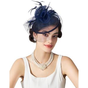 imageSWEETV Fascinators Hats for Women Tulle Flower Tea Party Hats for Kentucky Derby Cocktail Wedding Fancy PartyNavy Blue