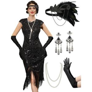 imageYESSA 1920s Flapper Dresses for Women Great Gatsby Dress Roaring 20s Costumes Sequin Harlem Nights Dress with 20s AccessoriesBlack
