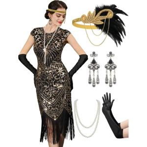 imageYESSA 1920s Flapper Dresses for Women Great Gatsby Dress Roaring 20s Costumes Sequin Harlem Nights Dress with 20s AccessoriesBlackgold