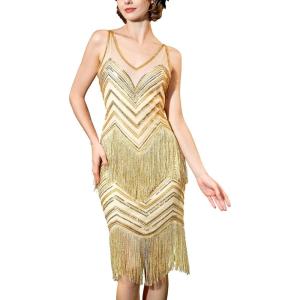 imageYESSA 1920s Flapper Dresses for WomenLace V Neck Great Gatsby Dresses Fringed Roaring 20s DressesGold Beige