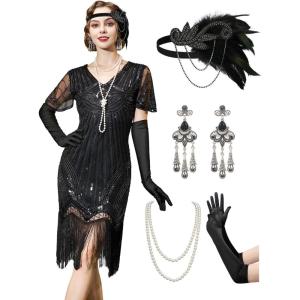 imageYESSA 1920s Flapper Dresses for WomenSheer Beaded Sleeves Great Gatsby Dresses Roaring 20s Dresses Costumes with AccessoriesBlack