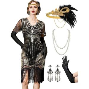 imageYESSA 1920s Flapper Dresses for WomenSheer Beaded Sleeves Great Gatsby Dresses Roaring 20s Dresses Costumes with AccessoriesBlack Gold