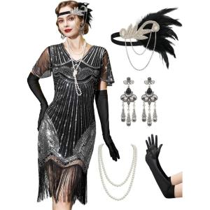 imageYESSA 1920s Flapper Dresses for WomenSheer Beaded Sleeves Great Gatsby Dresses Roaring 20s Dresses Costumes with AccessoriesBlack Silver