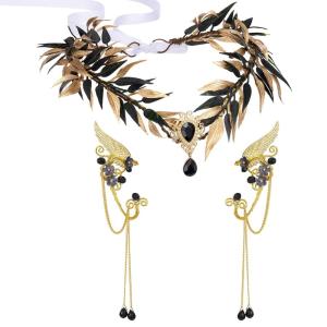 imageSWEETV Fairy Flower Hairband with Elf Ears Halloween Fairy Headpiece for Women Leaf Elf Circlet with Wings Cuff Earrings Leaf Hairband Set for Photoshoot Cosplay Party GoldLeafB one sizeBlackLeafB