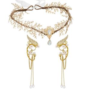 imageSWEETV Fairy Flower Hairband with Elf Ears Halloween Fairy Headpiece for Women Leaf Elf Circlet with Wings Cuff Earrings Leaf Hairband Set for Photoshoot Cosplay Party GoldLeafB one sizeGoldLeafB
