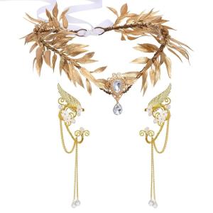 imageSWEETV Fairy Flower Hairband with Elf Ears Halloween Fairy Headpiece for Women Leaf Elf Circlet with Wings Cuff Earrings Leaf Hairband Set for Photoshoot Cosplay Party GoldLeafB one sizeGoldLeafD
