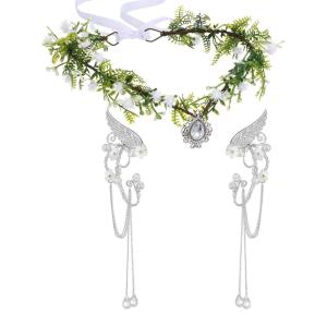 imageSWEETV Fairy Flower Hairband with Elf Ears Halloween Fairy Headpiece for Women Leaf Elf Circlet with Wings Cuff Earrings Leaf Hairband Set for Photoshoot Cosplay Party GoldLeafB one sizeGreenLeafD