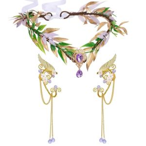 imageSWEETV Fairy Flower Hairband with Elf Ears Halloween Fairy Headpiece for Women Leaf Elf Circlet with Wings Cuff Earrings Leaf Hairband Set for Photoshoot Cosplay Party GoldLeafB one sizePurpleLeafA