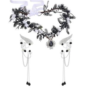 imageSWEETV Fairy Flower Hairband with Elf Ears Halloween Fairy Headpiece for Women Leaf Elf Circlet with Wings Cuff Earrings Leaf Hairband Set for Photoshoot Cosplay Party GoldLeafB one sizeBlackLeafC