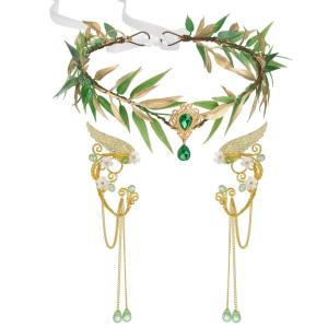 imageSWEETV Fairy Flower Hairband with Elf Ears Halloween Fairy Headpiece for Women Leaf Elf Circlet with Wings Cuff Earrings Leaf Hairband Set for Photoshoot Cosplay Party GoldLeafB one sizeGreenLeafA