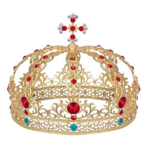 imageSWEETV Gold Queen Crown for Women Vintage King Crown with Cross Decor Quinceanera Crowns for Prom Cos Costume Party Headband Accessories for Coronation Ceremony Halloween10Gold