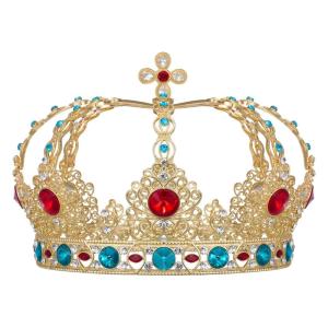 imageSWEETV Gold Queen Crown for Women Vintage King Crown with Cross Decor Quinceanera Crowns for Prom Cos Costume Party Headband Accessories for Coronation Ceremony Halloween09Gold