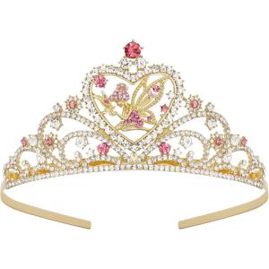 imageSWEETV Tiaras for Little Girls Princess Gold Crown for Flower Fairy TinkerBell Headband for Kids Rhinestone Hairpiece for Toddler Hair Accessories for Girls Halloween Costume Cosplay03Gold
