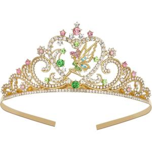 imageSWEETV Tiaras for Little Girls Princess Gold Crown for Flower Fairy TinkerBell Headband for Kids Rhinestone Hairpiece for Toddler Hair Accessories for Girls Halloween Costume Cosplay04Gold