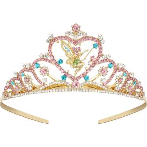 imageSWEETV Tiaras for Little Girls Princess Gold Crown for Flower Fairy TinkerBell Headband for Kids Rhinestone Hairpiece for Toddler Hair Accessories for Girls Halloween Costume Cosplay02Gold
