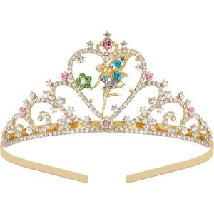 imageSWEETV Tiaras for Little Girls Princess Gold Crown for Flower Fairy TinkerBell Headband for Kids Rhinestone Hairpiece for Toddler Hair Accessories for Girls Halloween Costume Cosplay01Gold