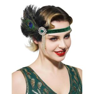 imageSWEETV 1920s Flapper Headpiece for Women Roaring 20s Flapper Headband Great Gatsby Hair Accessory for WomenGreenF02 Green