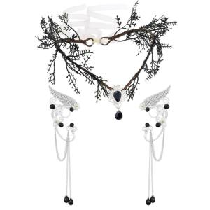 imageSWEETV Fairy Flower Hairband with Elf Ears Halloween Fairy Headpiece for Women Leaf Elf Circlet with Wings Cuff Earrings Leaf Hairband Set for Photoshoot Cosplay Party BlackLeafA one sizeBlackLeafA